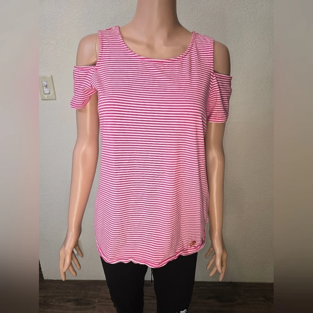 Michael Michael Kors Women's Md Top Striped Pink White Cold Shoulder Sleeve Logo